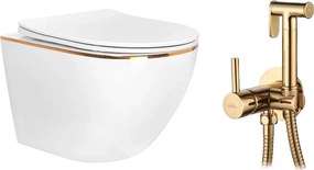 Pachet vas wc suspendat Rea Carlo, capac softclose si set dus igiena intima auriu cu baterie incastrata Invena Bidetta
