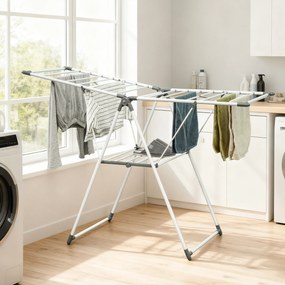 HOMCOM Uscător de Rufe cu 2 Niveluri Reglabil pe 4 Înălțimi Diferite, Uscător din Metal și Plastic, 156.5x61.5x97 cm, Alb | Aosom Romania
