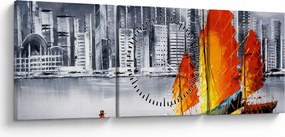 Tablou - Victoria Harbour, Hong Kong, pictură în ulei alb- negru (cu ceas) (90x30 cm)
