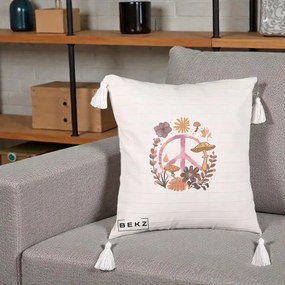 Perna Decorativa Peace Ciuperci Boho, 40x40 cm, Bej cu Franjuri, Husa Detasabila, Perna Inclusa, BEKZ®