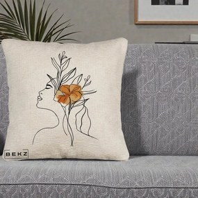 Perna Decorativa Portret Feminin Floare Portocalie Lateral, 40x40 cm, Bej Canapea, Husa Detasabila, Perna Inclusa, BEKZ®
