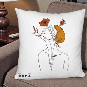 Perna Decorativa Portret Feminin Mac Privire Inalta, 40x40 cm, Alb Pufos, Husa Detasabila, Perna Inclusa, BEKZ®