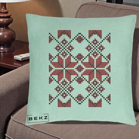 Perna Personalizata Motiv Traditional Cusatura Rosu-Negru, 40x40 cm, Verde Menta, Husa Detasabila, Perna Inclusa, BEKZ®