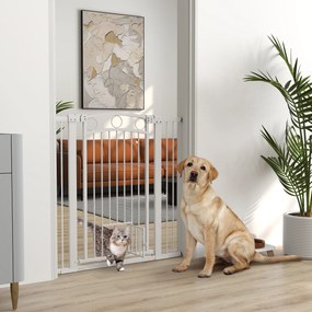 PawHut Barieră de Siguranță Interioară pentru Câini cu 2 Extensii și Ușă pentru Pisici, 76-104x77 cm, Alb | Aosom Romania