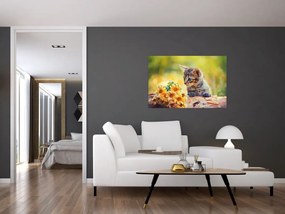 Tablou cu pisicuța uitându-se la floare (90x60 cm)