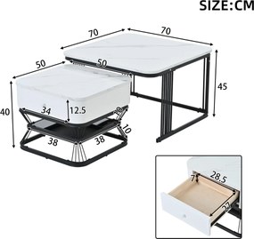 Set masă de cafea, 2 piese, set masă pentru living cu 1 sertar, 70x70x45 cm/50x50x40 cm, Alb+Negru