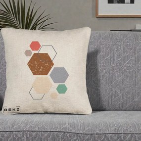 Perna Decorativa Geometric Hexagoane Multicolor, 40x40 cm, Bej Canapea, Husa Detasabila, Perna Inclusa, BEKZ®