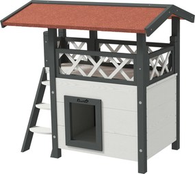 PawHut Căsuță pentru Pisici de Exterior cu Terasa și Scară, Adăpost pentru Pisici și Animale Mici din Lemn, 77x50x73 cm, Alb