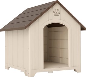 PawHut Căsuță pentru câini de talie medie și mare, ridicată, cu acoperiș înclinat, guri de aerisire și cuie, căsuță din PP, 88x78x89 cm, Bej și Maro Închis | Aosom Romania