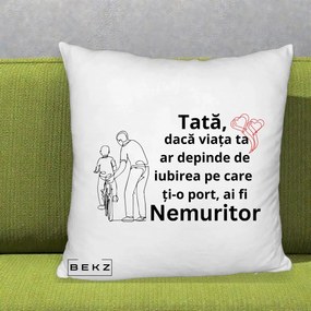 Cadou pentru Tata - Perna Personalizata Tata Nemuritor Bicicleta, 40x40 cm, Alb Pufos, Husa Detasabila, Perna Inclusa, BEKZ®