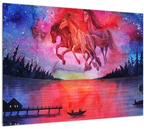 Tablou pe sticlă - Apariția cailor spațiali peste lac, acuarelă (70x50 cm)