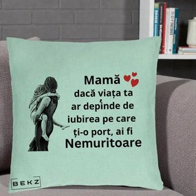 Cadou pentru Mama - Perna Personalizata Mama Nemuritoare Gravura Vintage, 40x40 cm, Verde Menta, Husa Detasabila, Perna Inclusa, BEKZ®