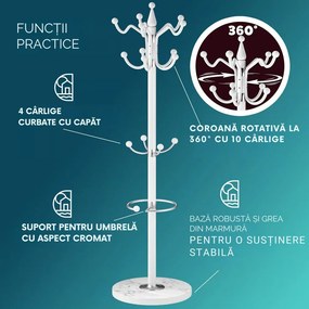 Cuier de podea TENZY cu bază din marmură, 37x173cm, alb Casaria