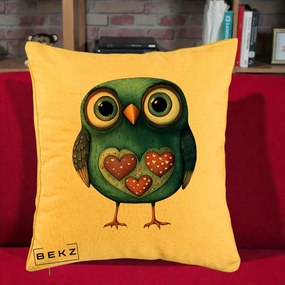 Perna Decorativa Bufnita Teal cu Doua Inimi, 40x40 cm, Galben, Husa Detasabila, Perna Inclusa, BEKZ®