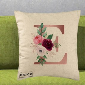 Cadou Personalizat - Perna Personalizata Monograma Rose Gold Litera E, 40x40 cm, Bej, Husa Detasabila, Perna Inclusa, BEKZ®