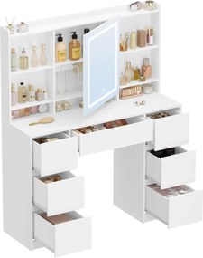 SEA4 - Set Masa toaleta 108 cm, 7 Sertare, rafturi, Oglinda cu LED, Organizator Bijuterii, masuta vanity, make-up - Alb
