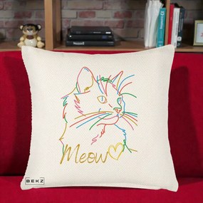 Perna Personalizata Pisica Meow Arta Linie Colorata, 40x40 cm, Crem Reliefat, Husa Detasabila, Perna Inclusa, BEKZ®