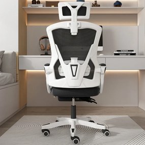 Scaun ergonomic cu suport lombar, pivotant 360°, tetieră reglabilă, suport pentru picioare, Mesh, Alb/Negru
