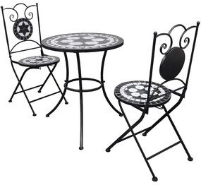 271772 vidaXL Set mobilier bistro, 3 piese, negru/alb, plăci ceramice