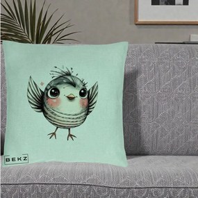 Perna Decorativa Pasare Gri cu Aripi si Inimioare, 40x40 cm, Verde Menta, Husa Detasabila, Perna Inclusa, BEKZ®