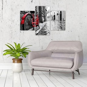 Tablou - Bicicleta roșie pe o stradă pavată (90x60 cm)