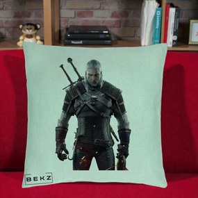 Perna Personalizata The Witcher Geralt of Rivia Portret, 40x40 cm, Verde Menta, Husa Detasabila, Perna Inclusa, BEKZ®