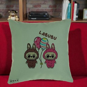 Perna Personalizata Labubu Cuplu cu Baloane, 40x40 cm, Verde, Husa Detasabila, Perna Inclusa, BEKZ®