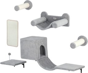 PawHut Perete de cățărat pentru pisici 6 piese set de cățărat cu căsuță pentru pisici, hamac, platformă placă de zgâriat Gri | Aosom Romania