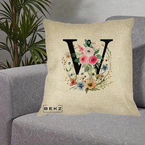 Cadou Personalizat - Perna Personalizata Monograma Florala Litera W, 40x40 cm, Crem, Husa Detasabila, Perna Inclusa, BEKZ®
