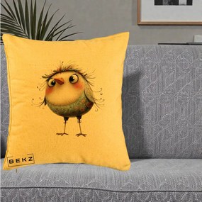 Perna Decorativa Pasare cu Penaj Zbarlit si Gene, 40x40 cm, Galben, Husa Detasabila, Perna Inclusa, BEKZ®