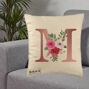 Cadou Personalizat - Perna Personalizata Monograma Rose Gold Litera M cu Trandafiri, 40x40 cm, Bej, Husa Detasabila, Perna Inclusa, BEKZ®