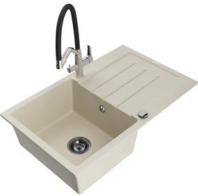 Mexen Bruno chiuvetă de granit cu un compartiment, cu picurător și baterie de bucătărie Duo, Bej - 6513-69-671701-07-B
