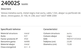 Veioza metalica design decorativ NARRI auriu/negru 24002S GL