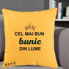 Cadou pentru Bunic - Perna Personalizata Cel Mai Bun Bunic Din Lume Coroana Albastra, 40x40 cm, Galben, Husa Detasabila, Perna Inclusa, BEKZ®