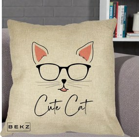 Perna Personalizata Cute Cat cu Ochelari, 40x40 cm, Crem, Husa Detasabila, Perna Inclusa, BEKZ®