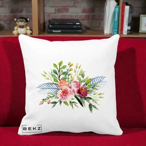 Perna Decorativa Buchet Flori Acuarela Roz-Verde, 40x40 cm, Alba Mata, Husa Detasabila, Perna Inclusa, BEKZ®