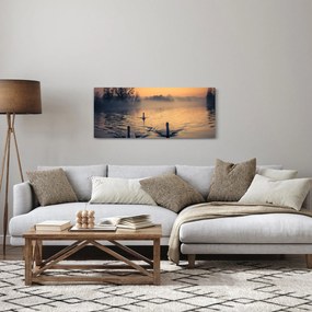 Tablou cu lebăde pe apă în ceață (120x50 cm)