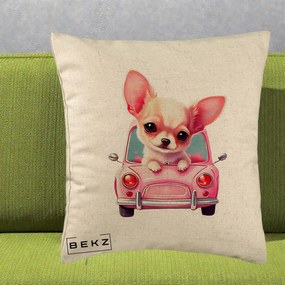 Perna Decorativa Chihuahua Roz in Masinuta, 40x40 cm, Bej, Husa Detasabila, Perna Inclusa, BEKZ®