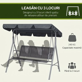 Outsunny Leagăn de grădină 3 locuri cu acoperiș parasolar reglabil și detașabil, șezut respirabil din poliester, capacitate 240 kg, 171x108x154 cm, gri închis | Aosom Romania