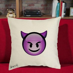 Perna Decorativa Emoji Diavol Mov, 40x40 cm, Ecru, Husa Detasabila, Perna Inclusa, BEKZ®