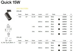 Spot directionabil pentru sina Link QUICK 15W CRI80 30 grade 4000K ON-OFF WH
