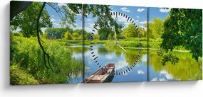 Tablou cu râu de vară și barcă (cu ceas) (90x30 cm)