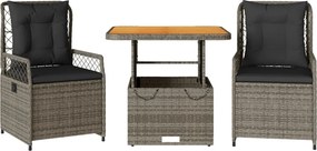 vidaXL Set mobilier de grădină cu perne, 3 piese, gri, poliratan