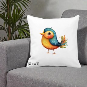 Perna Decorativa Pasare Folk Art Portocalie-Teal, 40x40 cm, Alba Mata, Husa Detasabila, Perna Inclusa, BEKZ®