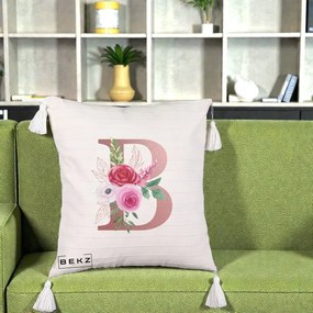 Cadou Personalizat - Perna Personalizata Monograma Rose Gold Litera B, 40x40 cm, Bej cu Franjuri, Husa Detasabila, Perna Inclusa, BEKZ®