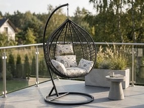 Scaun suspendat negru KOKON cu suport, perna bej cu model