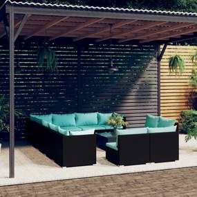 Set mobilier de gradina cu perne, 13 piese, negru, poliratan negru si albastru acvatic, 3x colt + 9x mijloc + masa, 1