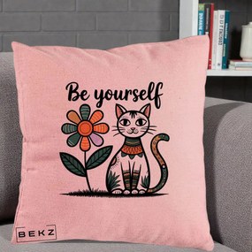 Perna Personalizata Be Yourself Pisica Folk, 40x40 cm, Roz, Husa Detasabila, Perna Inclusa, BEKZ®