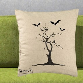 Perna Decorativa Halloween Copac cu Lilieci Alb-Negru, 40x40 cm, Bej, Husa Detasabila, Perna Inclusa, BEKZ®