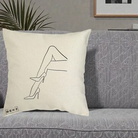 Perna Decorativa Picioare cu Tocuri Line Art, 40x40 cm, Ecru, Husa Detasabila, Perna Inclusa, BEKZ®